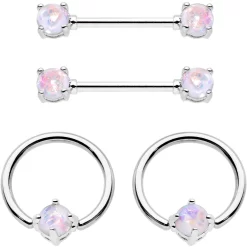 14 Gauge White Faux Opal BCR Captive Ring Barbell Nipple Ring Set