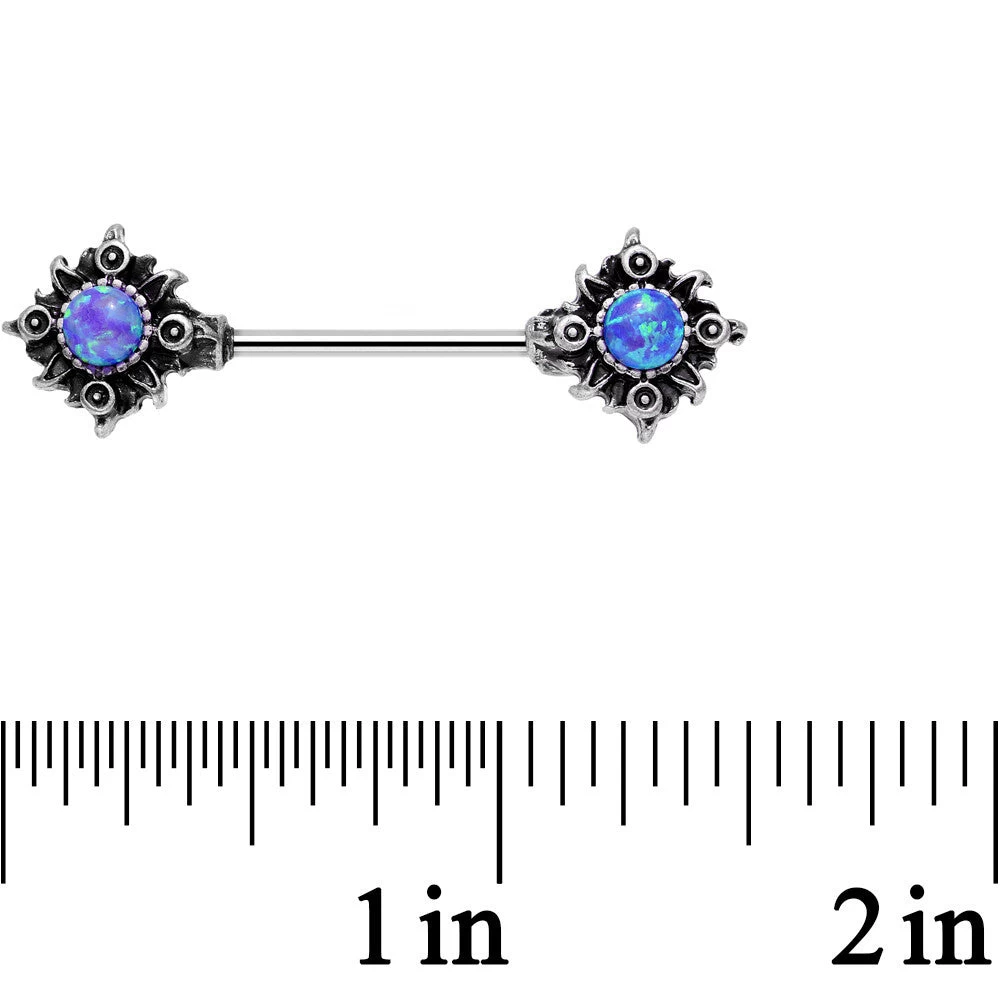 Gaby 14 Gauge 5/8 Blue Synthetic Opal Tribal Sun Barbell Nipple Ring Set 2 Gaby 14 Gauge 5/8 Blue Synthetic Opal Tribal Sun Barbell Nipple Ring Set - Image 2