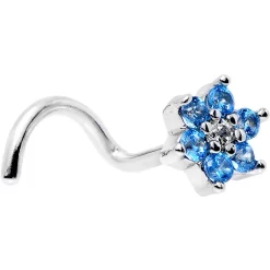 Gaby 18 Gauge 1/4 Aqua Blue And Clear CZ Gem Flower Right Nose Screw