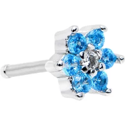Gaby 18 Gauge 1/4 Aqua Blue And Clear Cubic Zirconia Gem Flower Nose Bone