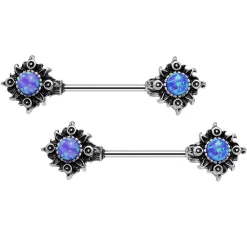 Gaby 14 Gauge 5/8 Blue Synthetic Opal Tribal Sun Barbell Nipple Ring Set