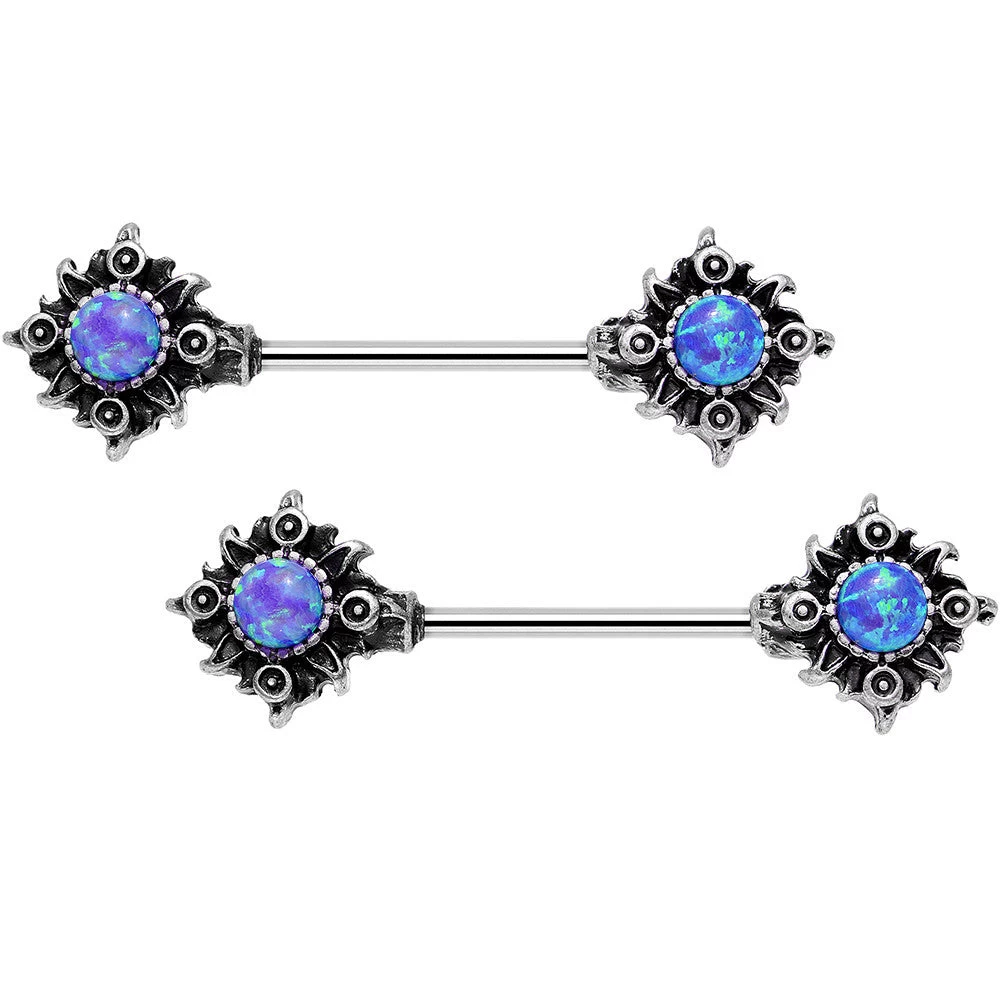 Gaby 14 Gauge 5/8 Blue Synthetic Opal Tribal Sun Barbell Nipple Ring Set 1 Gaby 14 Gauge 5/8 Blue Synthetic Opal Tribal Sun Barbell Nipple Ring Set