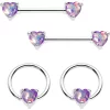 Purple Faux Opal Heart Captive Ring Straight Barbell Nipple Ring Set