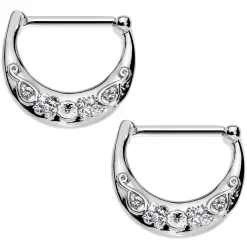 14 Gauge 1/2 Clear Gem Steel Floral Flourish Nipple Clicker Set