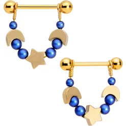 Moon Star Dangle Nipple Ring Set Created With Crystals