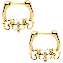 1/4 Clear CZ Gem Gold Tone Anodized Angel Swirl Nipple Clicker Set