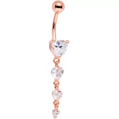 Clear Gem Rose Gold PVD Stunning Heart Strand Dangle Belly Ring
