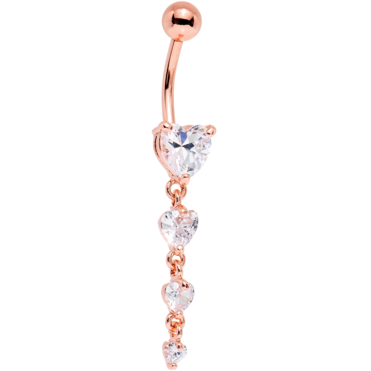 Clear Gem Rose Gold PVD Stunning Heart Strand Dangle Belly Ring 1 Clear Gem Rose Gold PVD Stunning Heart Strand Dangle Belly Ring