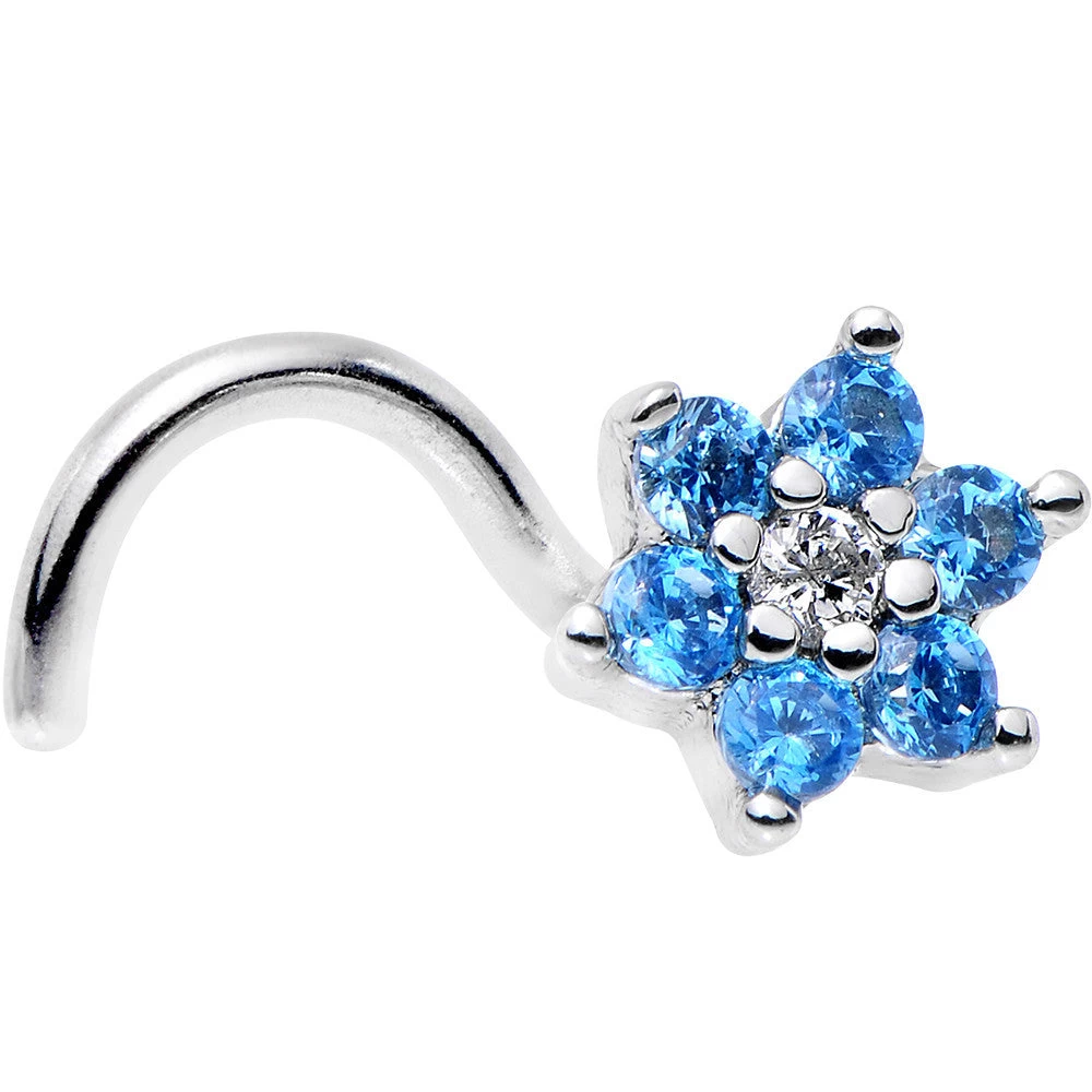 Gaby 18 Gauge 1/4 Aqua Blue And Clear CZ Gem Flower Right Nose Screw 2 Gaby 18 Gauge 1/4 Aqua Blue And Clear CZ Gem Flower Right Nose Screw - Image 2