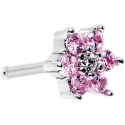 Gaby 18 Gauge 1/4 Pink And Clear Cubic Zirconia Gem Flower Nose Bone