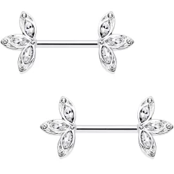 14 Gauge 1/2 Clear Gem Fleur De Seins Barbell Nipple Ring Set