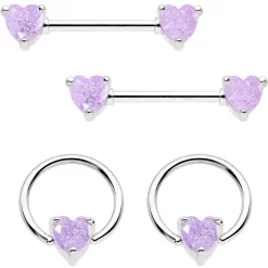 14 Gauge Purple CZ Gem Heart Captive Ring Barbell Nipple Ring Set