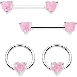 14 Gauge Pink CZ Gem Heart Captive Ring Barbell Nipple Ring Set