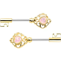 1/2 White Faux Opal Gold Tone Heart Key Barbell Nipple Ring Set