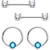 14 Gauge 5/8 Clear Aqua Gem Captive Ring Barbell Nipple Ring Set