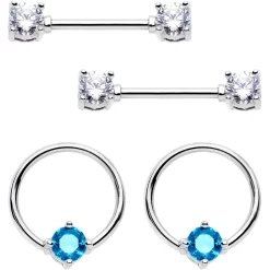 14 Gauge 5/8 Clear Aqua Gem Captive Ring Barbell Nipple Ring Set