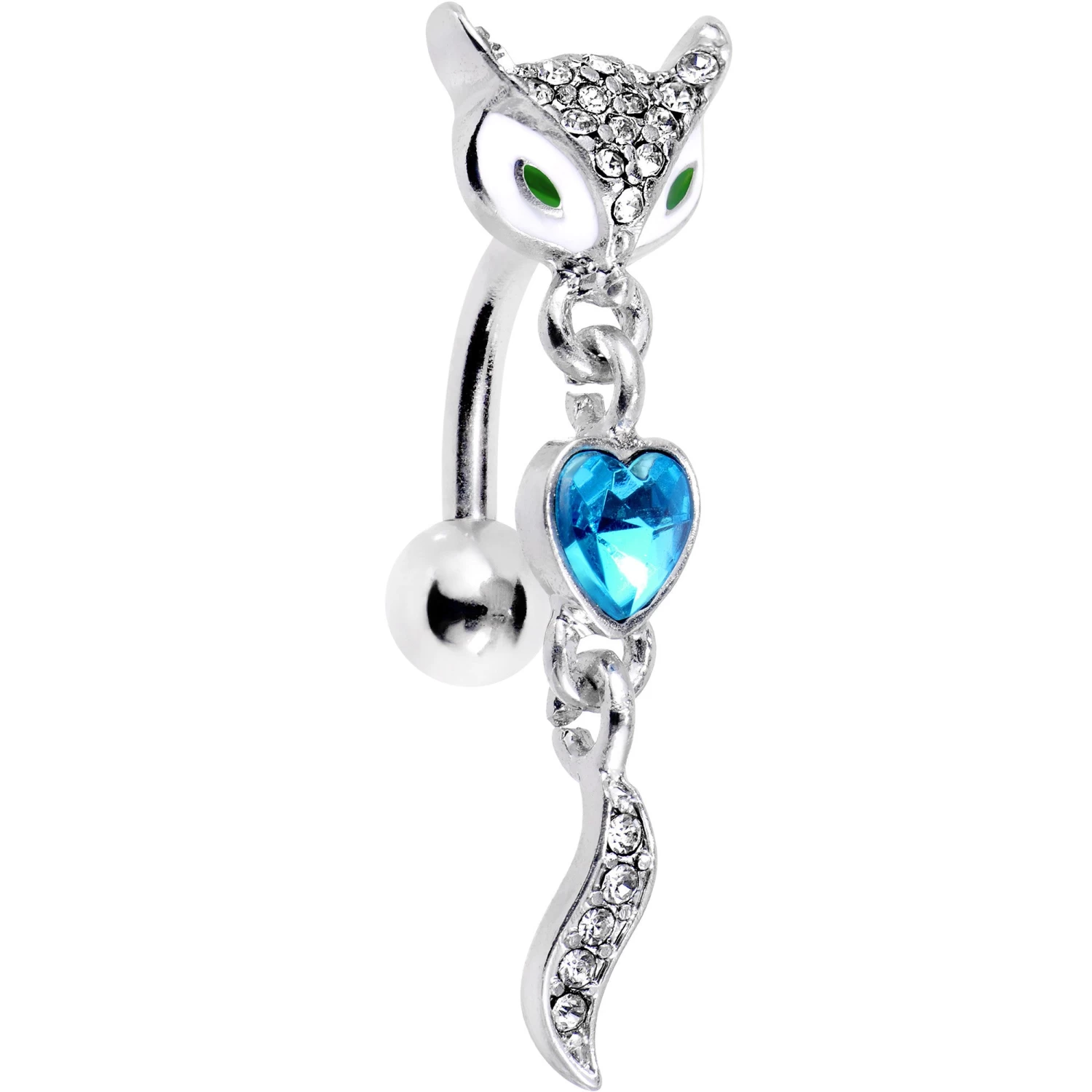Gaby Blue Gem Heart Fierce Fox Head Top Mount Dangle Belly Ring 1 Gaby Blue Gem Heart Fierce Fox Head Top Mount Dangle Belly Ring