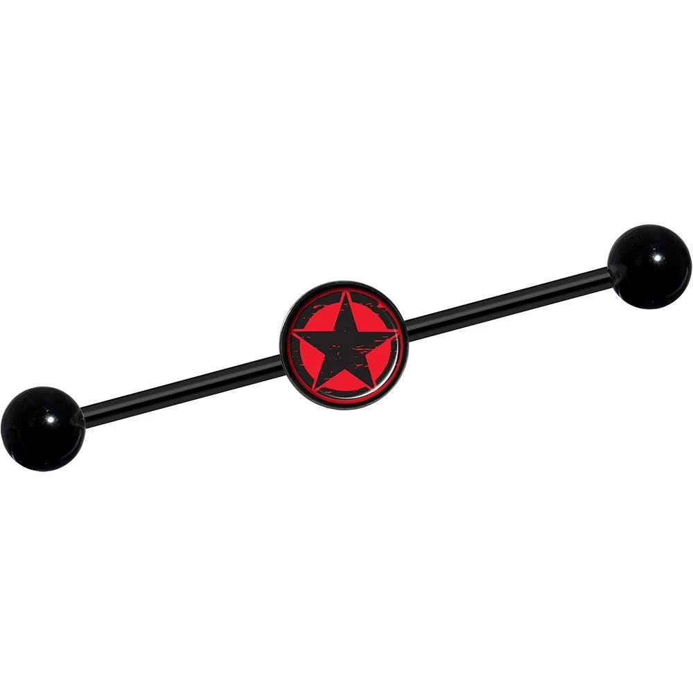 14 Gauge Black Red Distressed Star Black Industrial Barbell 37mm 2 14 Gauge Black Red Distressed Star Black Industrial Barbell 37mm - Image 2