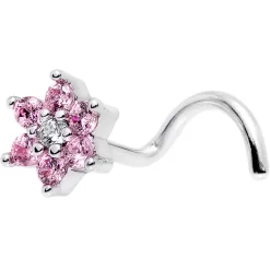 Gaby 18 Gauge 1/4 Pink And Clear CZ Gem Flower Left Nose Screw