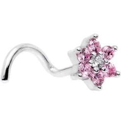 Gaby 18 Gauge 1/4 Pink And Clear CZ Gem Flower Right Nose Screw