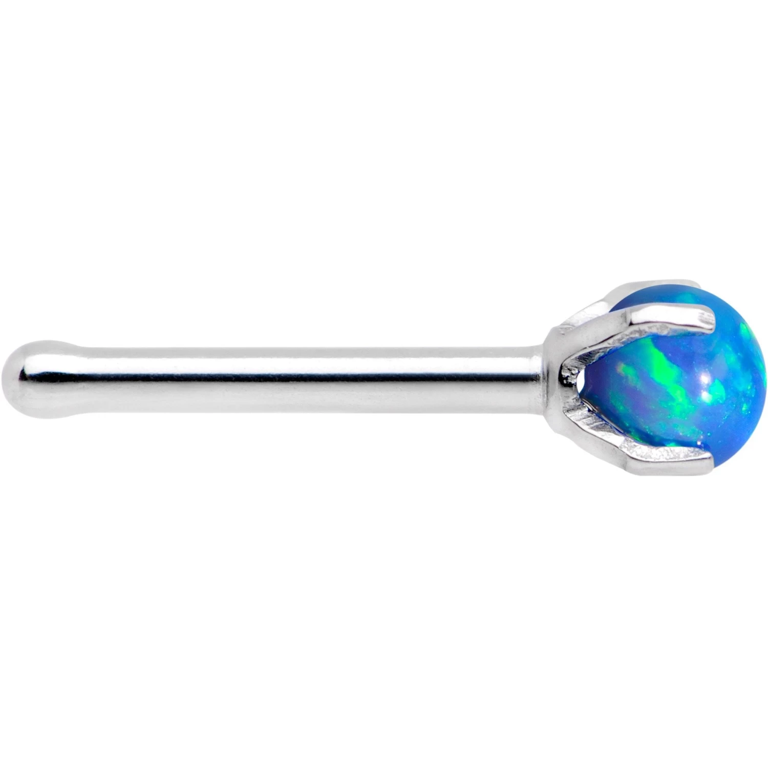 Shine 20 Gauge Blue Faux Opal Pronged Stainless Steel Nose Bone 2 Shine 20 Gauge Blue Faux Opal Pronged Stainless Steel Nose Bone - Image 2