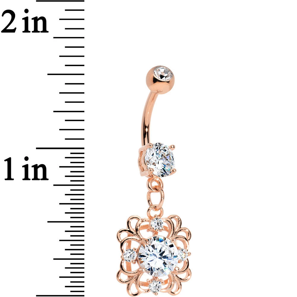 Clear CZ Gem Rose Gold Plated Steel Blooming Flower Dangle Belly Ring 2 Clear CZ Gem Rose Gold Plated Steel Blooming Flower Dangle Belly Ring - Image 2