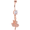 Clear Gem Rose Gold PVD Maple Leaf Dangle Belly Ring