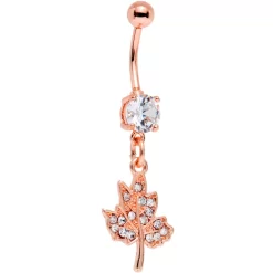 Clear Gem Rose Gold PVD Maple Leaf Dangle Belly Ring