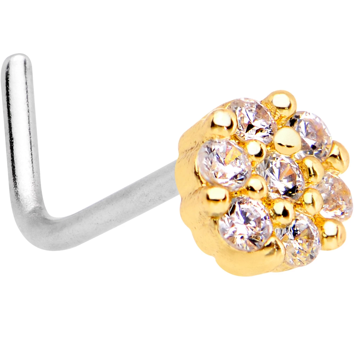 1/4 Clear CZ Gem Gold Tone Cute Cluster L Shaped Nose Ring 1 1/4 Clear CZ Gem Gold Tone Cute Cluster L Shaped Nose Ring