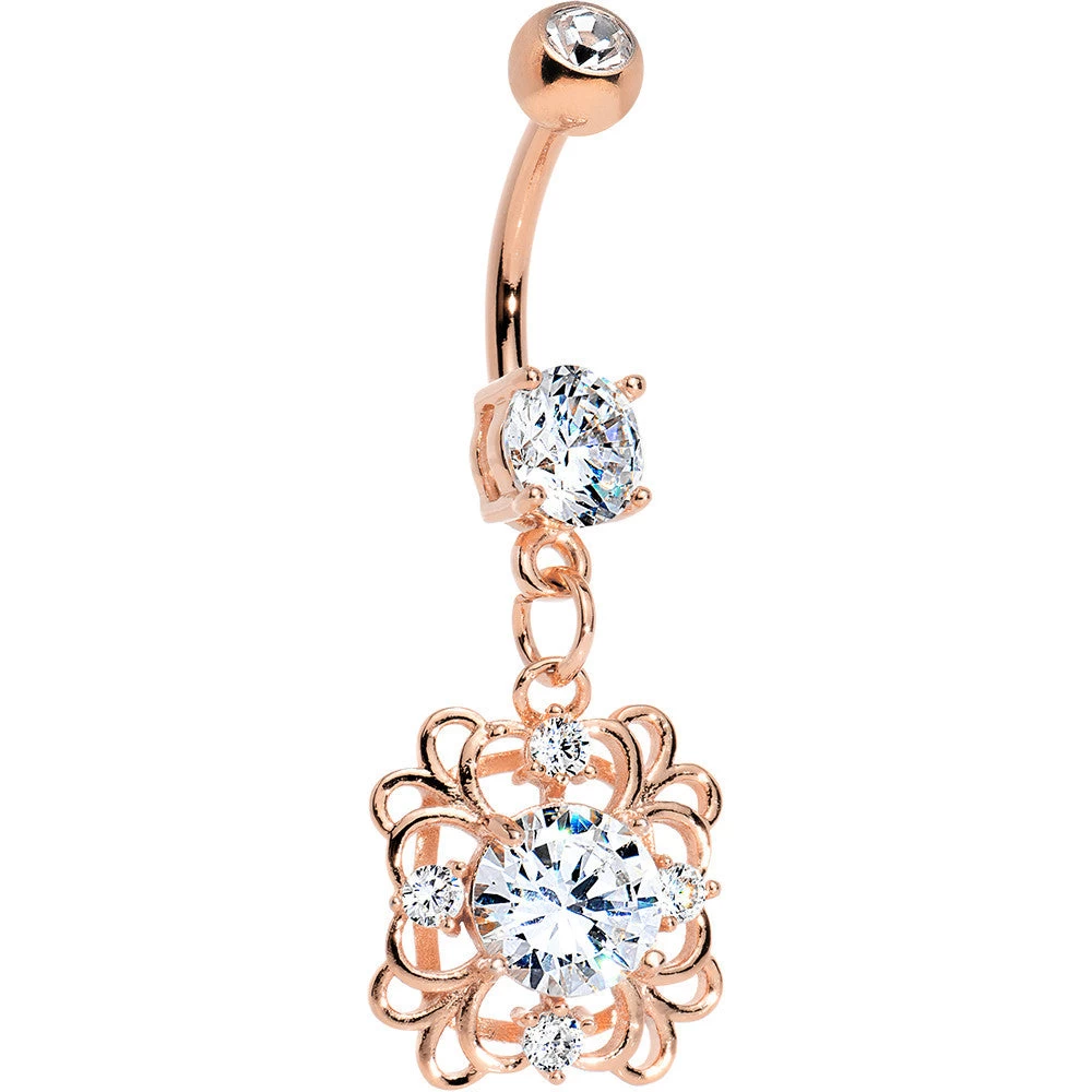 Clear CZ Gem Rose Gold Plated Steel Blooming Flower Dangle Belly Ring 1 Clear CZ Gem Rose Gold Plated Steel Blooming Flower Dangle Belly Ring
