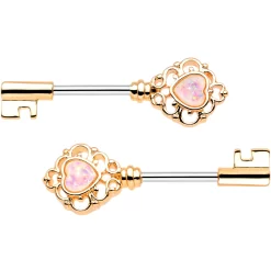 1/2 Pink Faux Opal Gold Tone Heart Key Barbell Nipple Ring Set